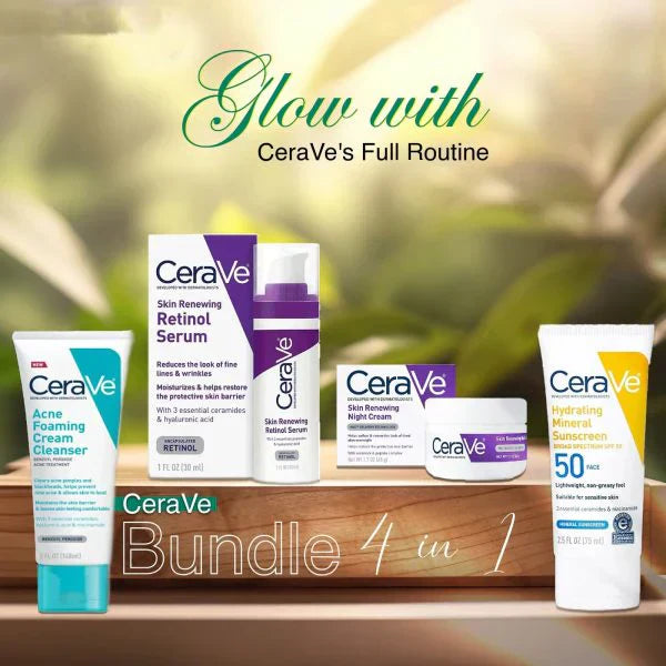 Cerave 4-in-1 Skincare Bundle: Night Cream, Sunblock, Cleanser & Serum For Radiant Skin Your Desire